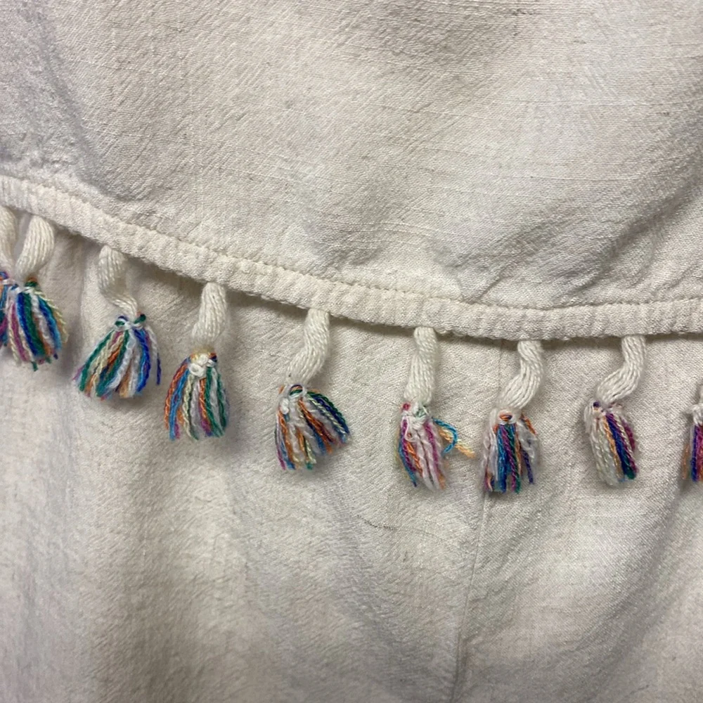 PAPER CRANE Anthropologie Rainbow Fringe Tassel Linen Cream Romper Womens Small - Picture 3 of 8